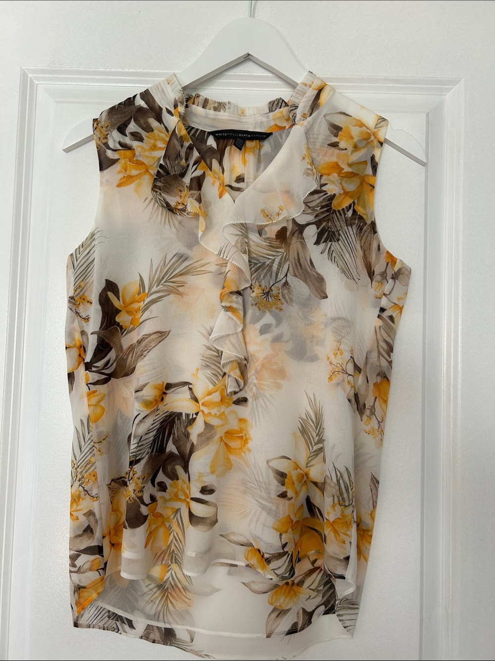 White House Black Market Yellow & Cream Floral Ruffle Sleeveless Top